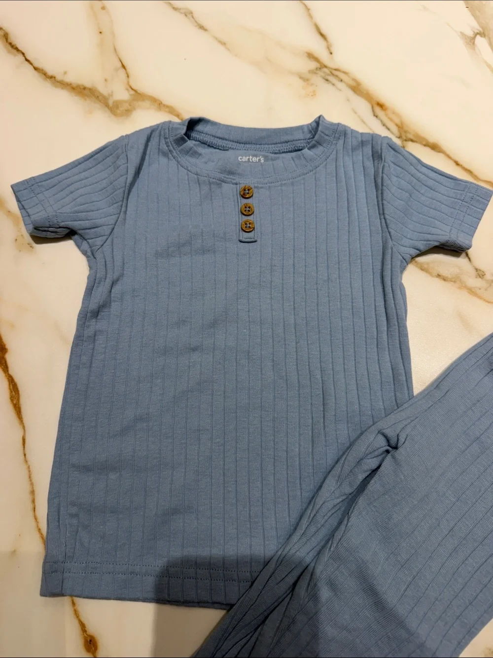 Carter's Light Blue Ribbed Short-Sleeve Pajama Set with Button Henley 24m - Picture 3 of 5